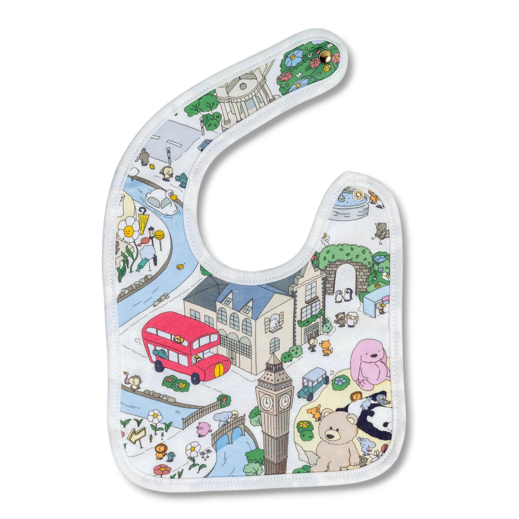 Baby bib with colorful London-themed design on a white background