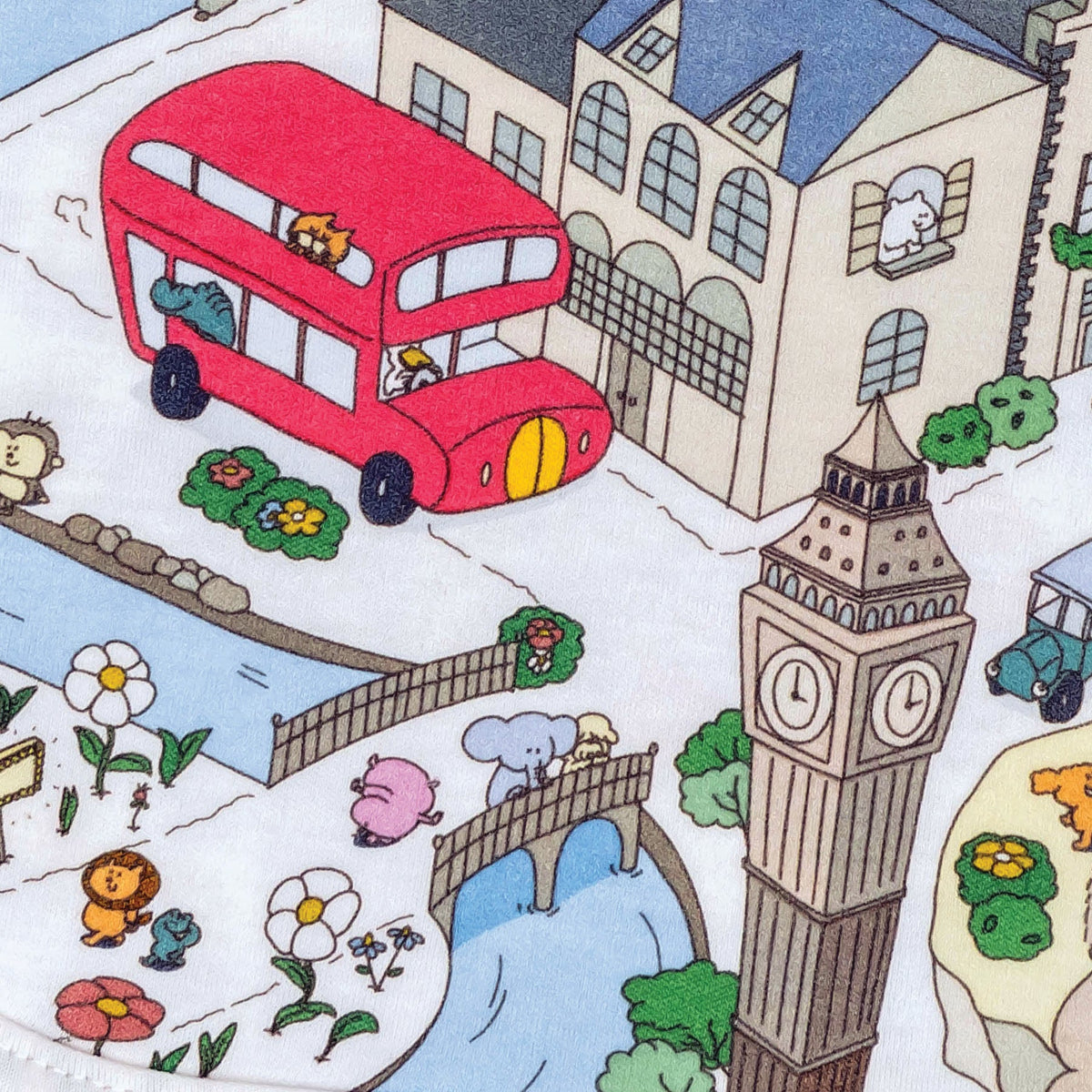 Colorful illustration of a pink double-decker bus and Big Ben with cartoon animals and buildings.