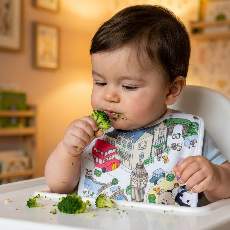 Baby eating broccoli while wearing a bib with city-themed design